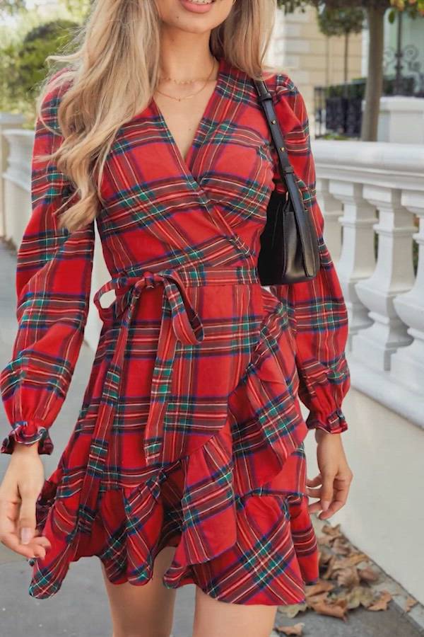 Red Plaid Blouson Sleeve Ruffle Cuff Wrap Mini Dress