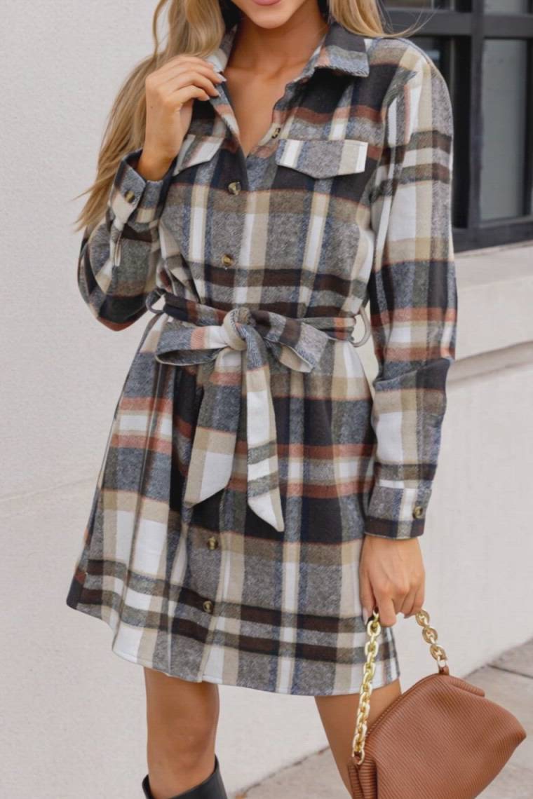 Plaid Collared Long Sleeve Front Button Mini Shirt Dress