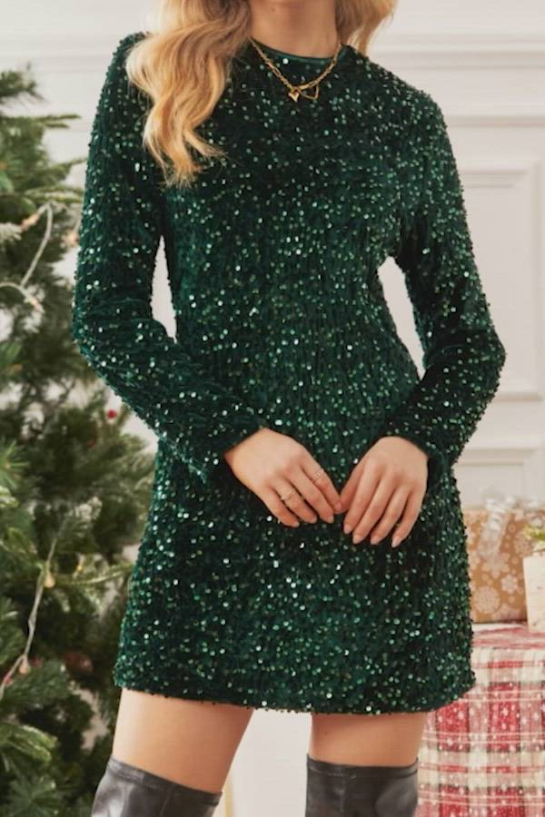 Green Sequin Embellished Long Sleeve Mini Dress