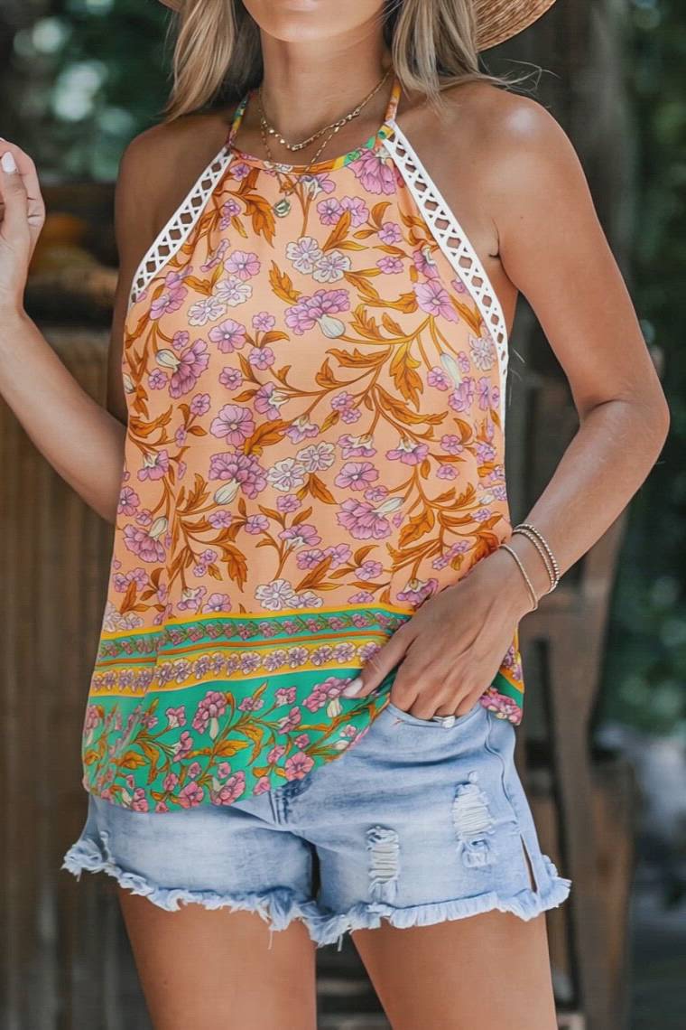 Floral High Neck Sleeveless Top for Summer Vacation