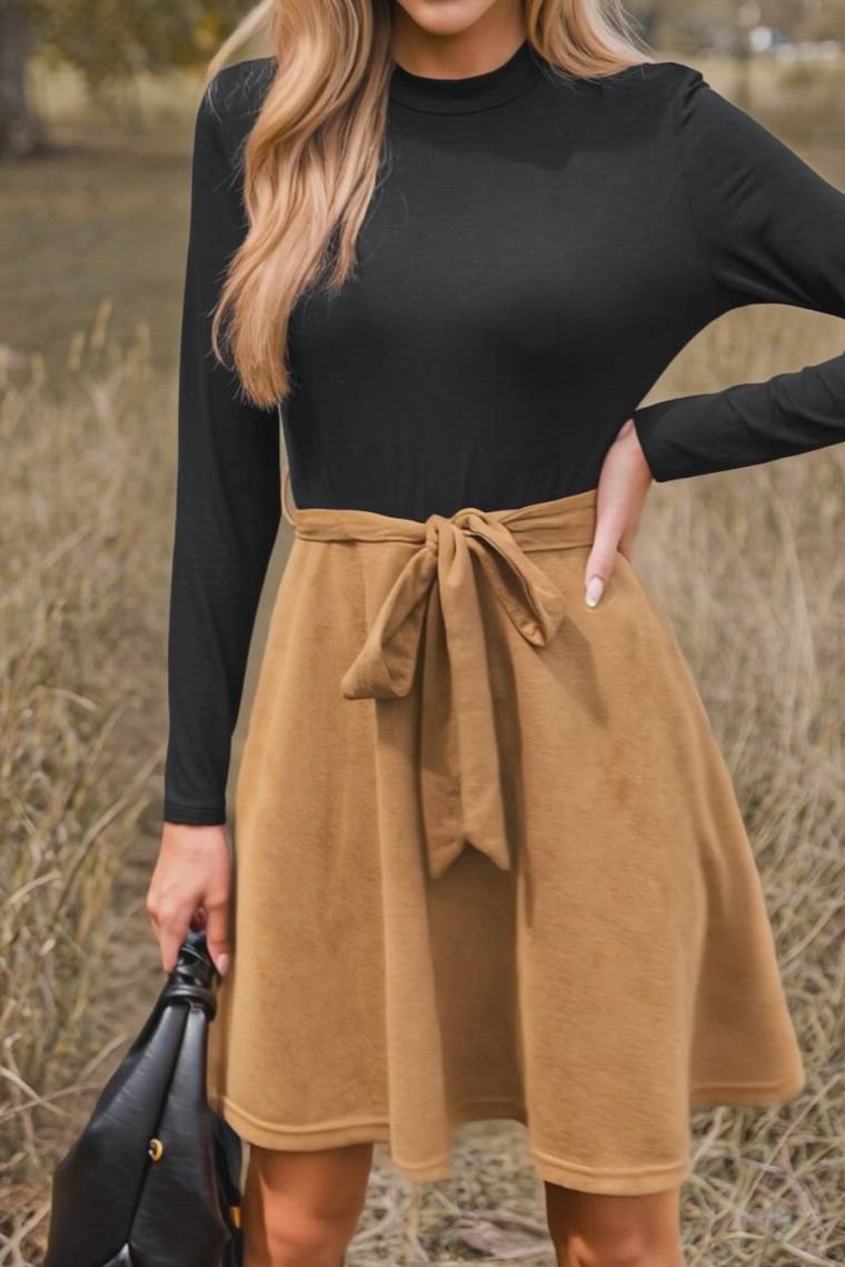 Black Long Sleeve Top Khaki Skirt Mini Dress