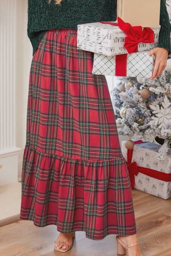 Burgundy Plaid Ruffled Maxi Skirt