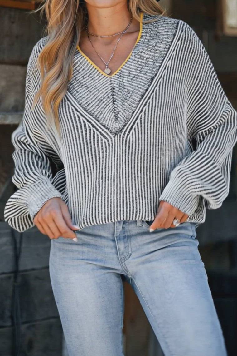 Black & White Stripe V-Neck Long Sleeve Sweater