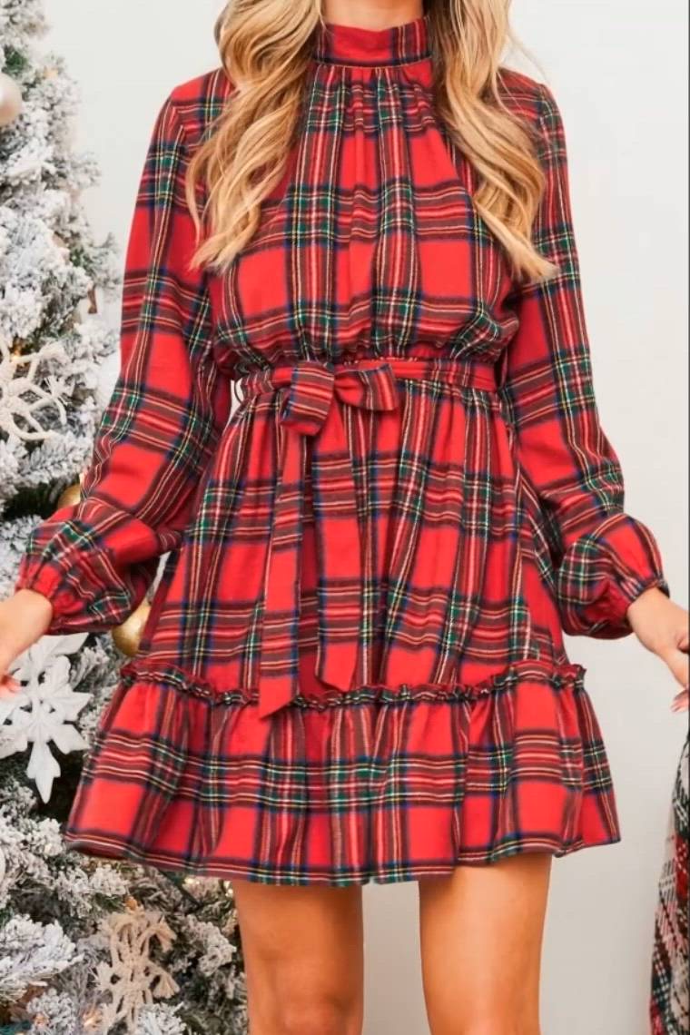 Burgundy Stand Collar Belted Frill Dress