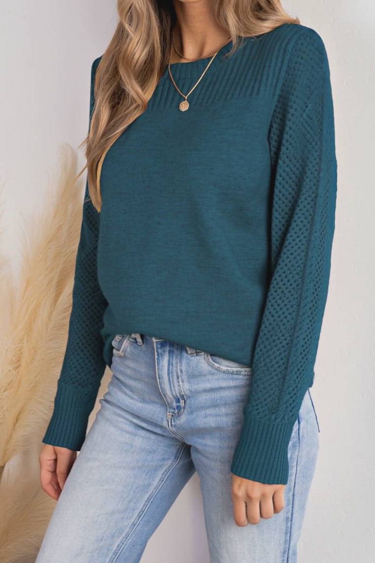 Blue Round Neck Perforated Long Sleeve Sweater