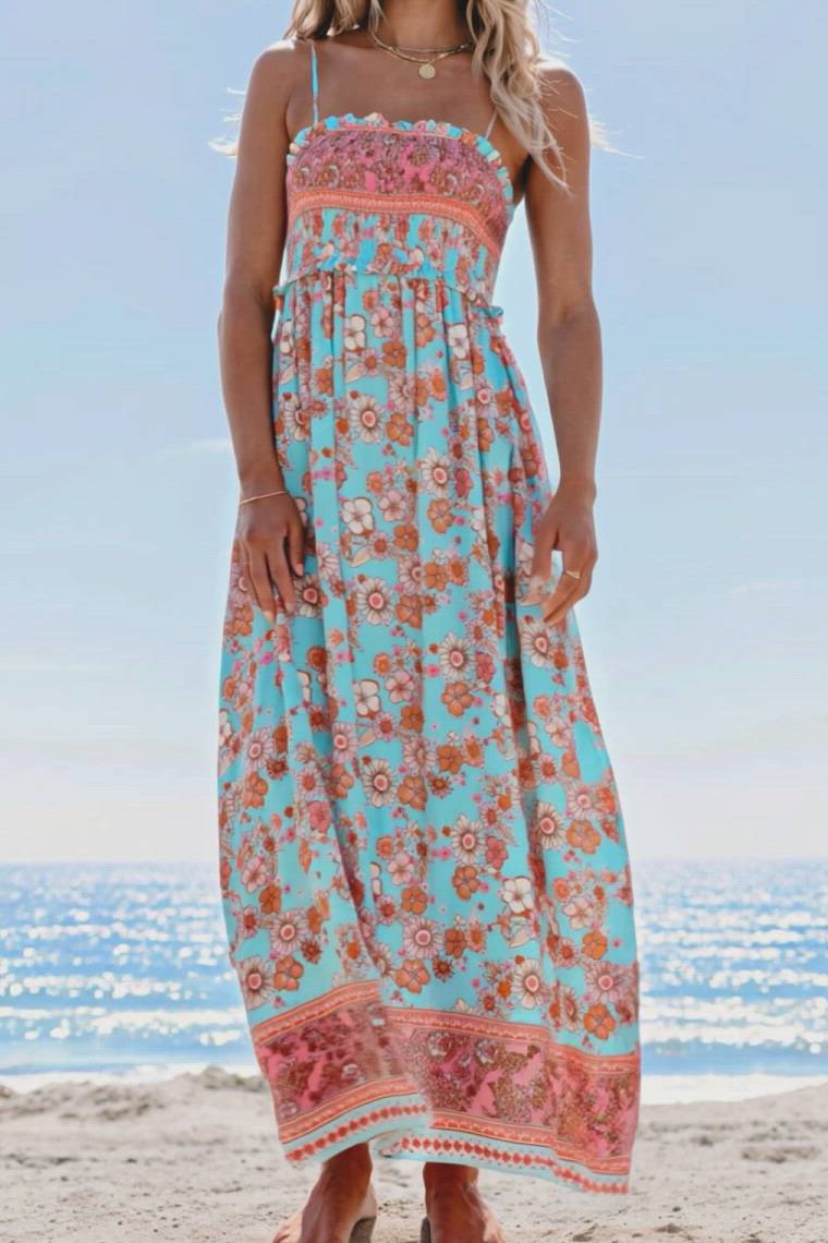 Blue & Pink Floral Sleeveless Square Neck Maxi Dress