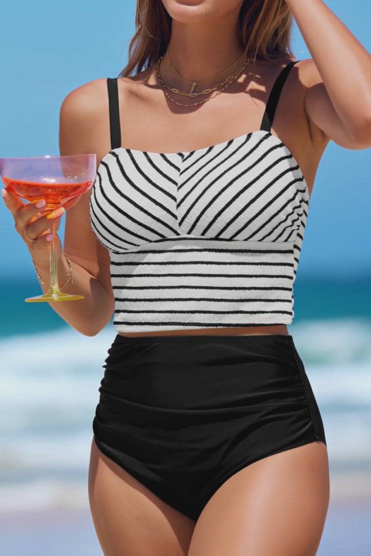 CUPSHE◆Striped タンキニ トップ & ボトムス セット 水着 Striped Square Neck Tankini Top & High-Waisted Bottoms Set