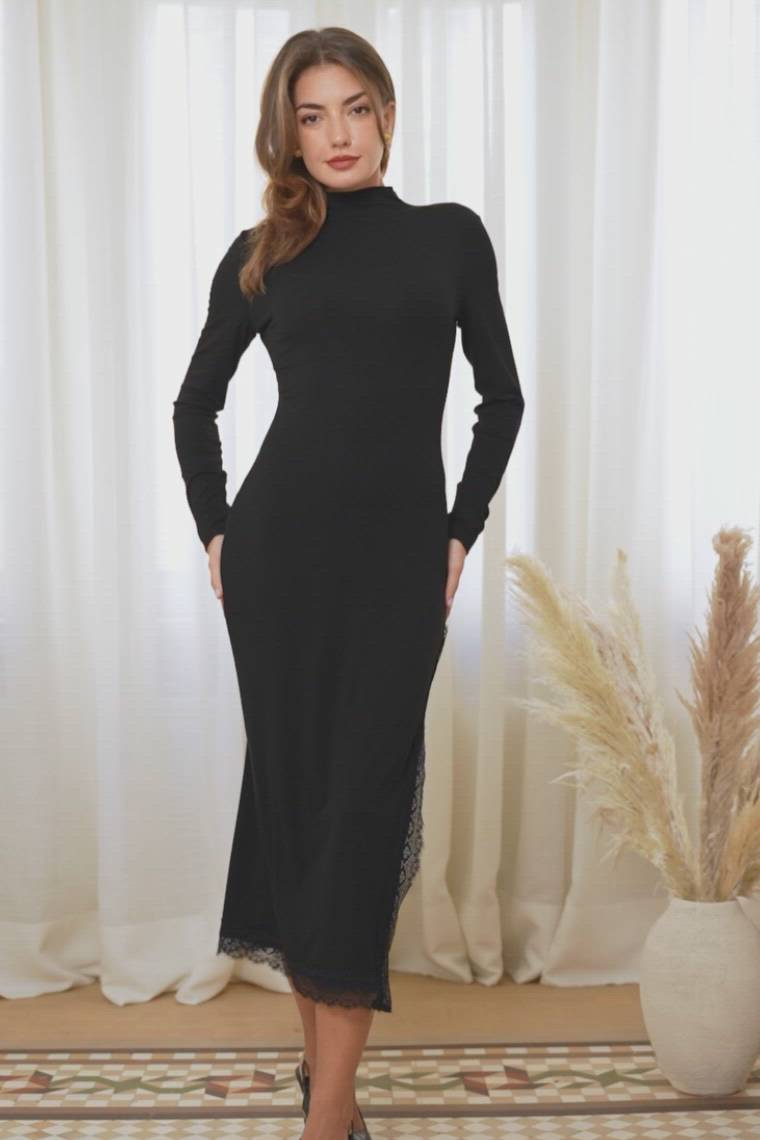 Black High Neck Long Sleeve Maxi Dress with Side Slit