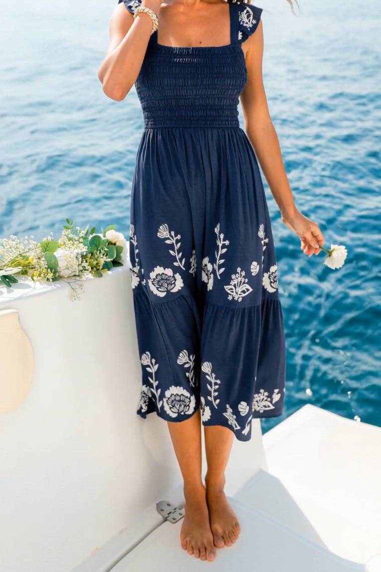 Square Neck Smocked Floral Maxi Dress for Resort Vacation